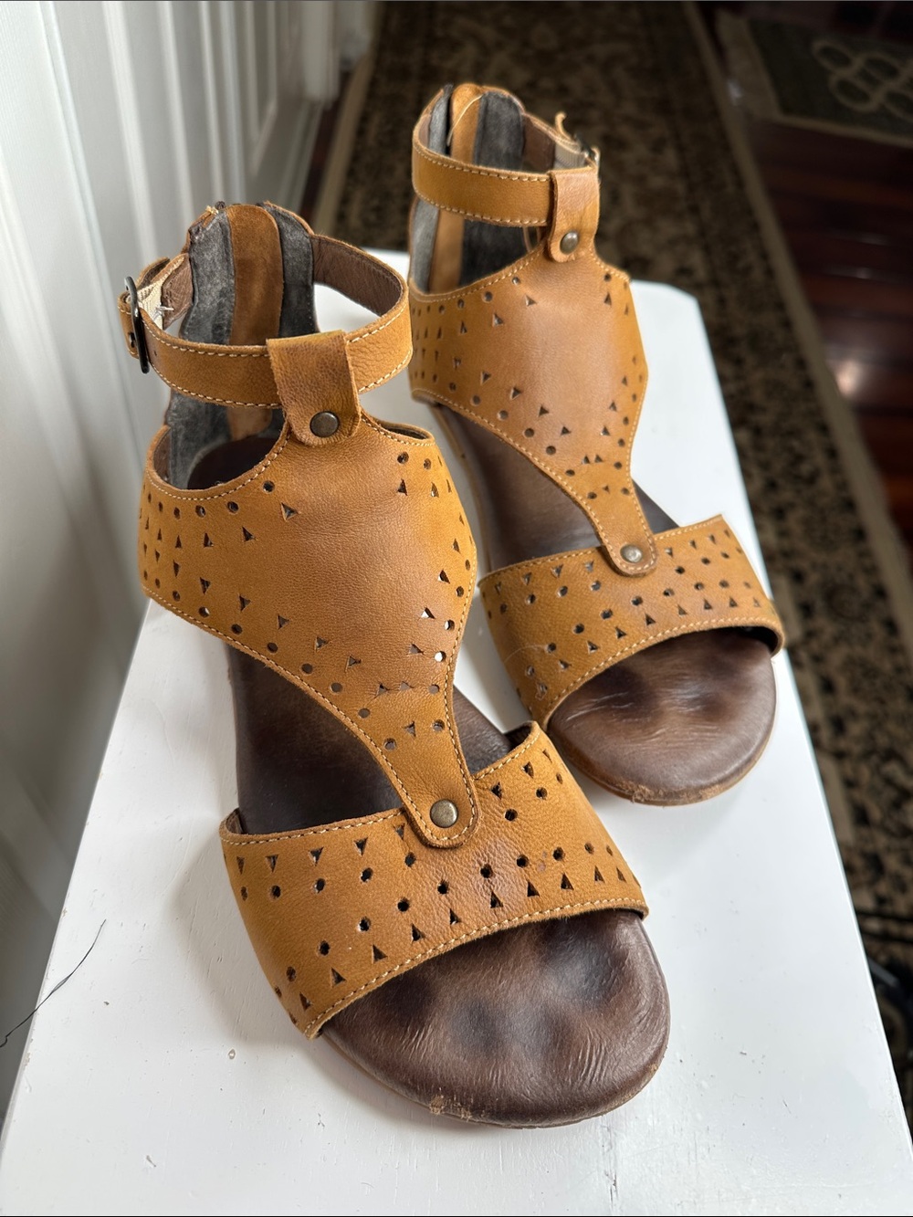 Women’s Roan by Bed Stu Gold Tan Leather Perforated Ankle-Strap Gladiator Sandal